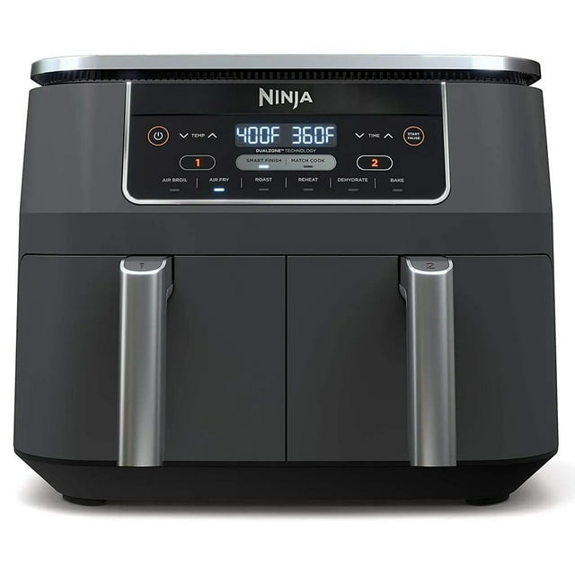 Ninja DZ201 Foodi 8 Quart 6-in-1 DualZone 2-Basket Air Fryer with 2 Independent Frying Baskets, Match Cook & Smart Finish to Roast, Broil, Dehydrate & More for Quick, Easy Meals, Grey (Renewed)
