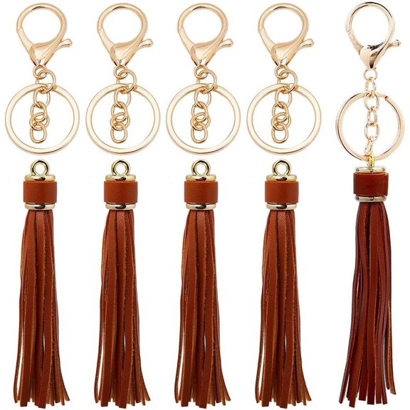 1 Box 4Pcs Tassel Key Charm Fringe Keychain Tassels Bulk Brown Imitation Leather PU Fringes Charms with Gold Iron Lobster Swivel Clasp Findings