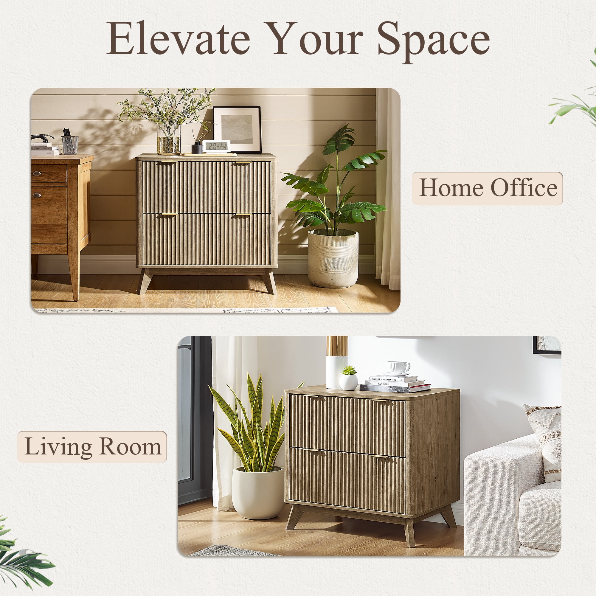 Keywhat Lateral File Cabinets with 2 Drawers, Modern Large Filing Organization with Fluted Texture Design for Letter/Legal/A4 Size Files, Home Office, Alder Grey