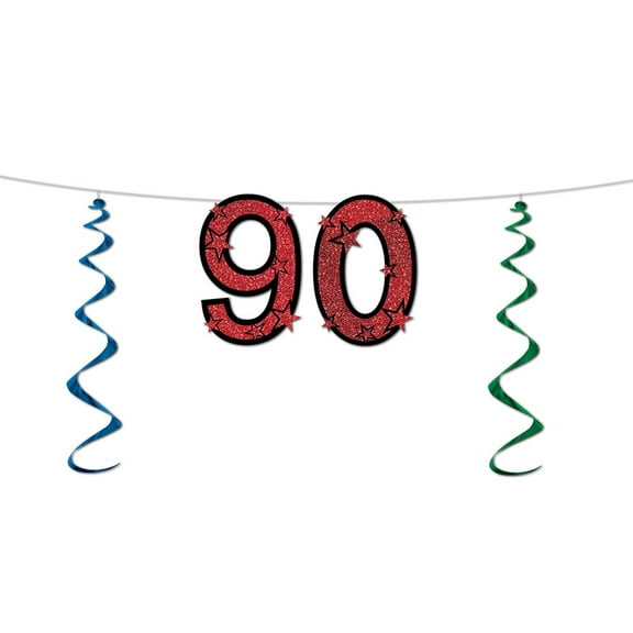 Club Pack of 12 Red Glittered "90" Birthday Decorative Party Streamers 7'