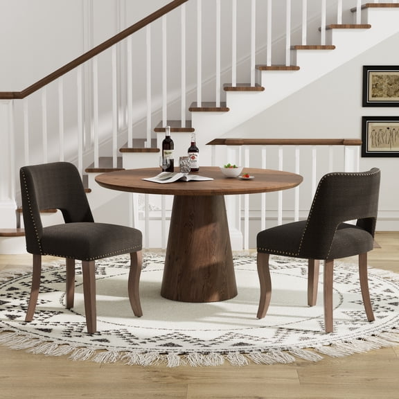 KATBOC 43in Round Dining Table and 2 Chairs Set, Modern Minimalist Farmhouse Style with Upholstered Chairs, MDF Grain Table for Kitchen Dining Room, Walnut&Black