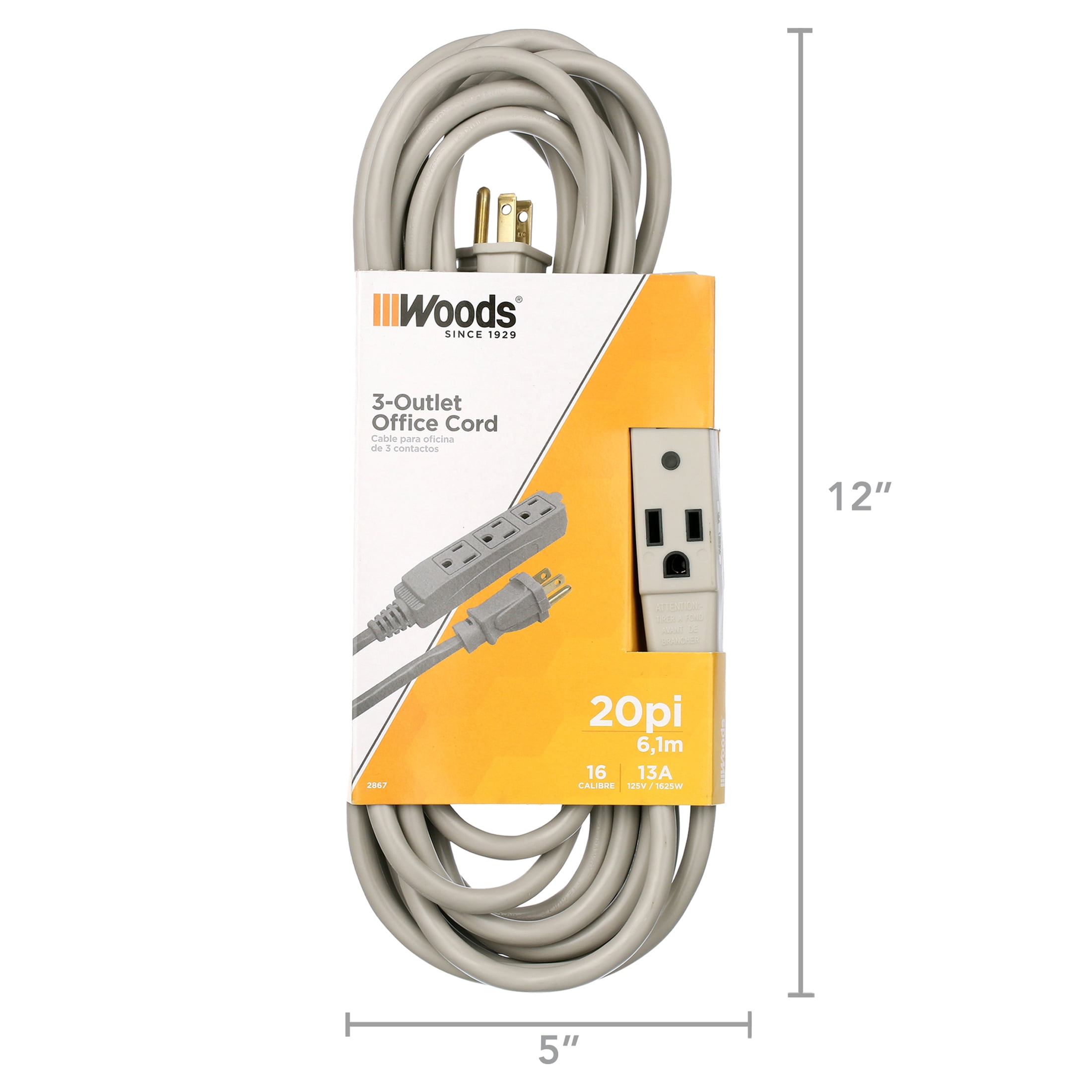 Woods 2867 3-Outlet Extension Cord with Power Tap, 20-Foot, Gray