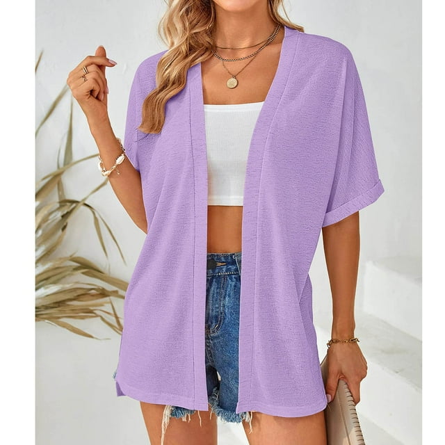 Jsaierl Womens Solid Color Open Front Cardigans Half Sleeve Side Split Tops Classic Loose Lightweight Tees