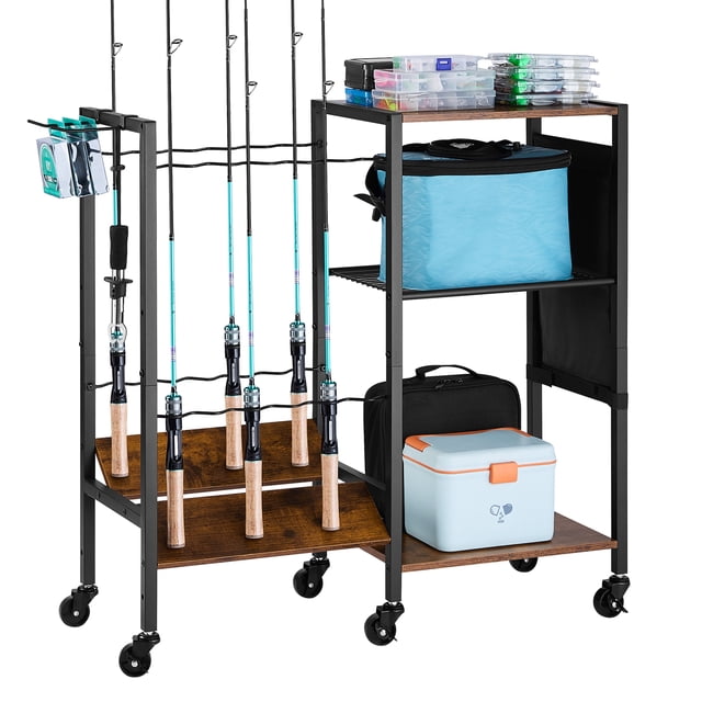 VEVOR 12 Pole Fishing Rod Holder Fishing Rack Cart Organizer with Wheels for Garage. A sturdy fishing rod rack made of MDF and alloy steel, designed to hold up to 12 rods. Includes storage shelves for tackle boxes, baits, and other fishing gear. Features expandable rubber clips to prevent rod damage and six industrial-grade wheels for 360° mobility, with three brakes for secure fixing. Ideal for garages, tool sheds, or storage rooms, with a neutral design that fits various spaces.