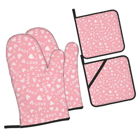 

Tebeau Love Print 4 Pcs Oven Mitts and Pot Holders 500°F High Heat Resistant Kitchen Oven Mitts with Pot holders Long Oven Mitts for Baking and Cooking