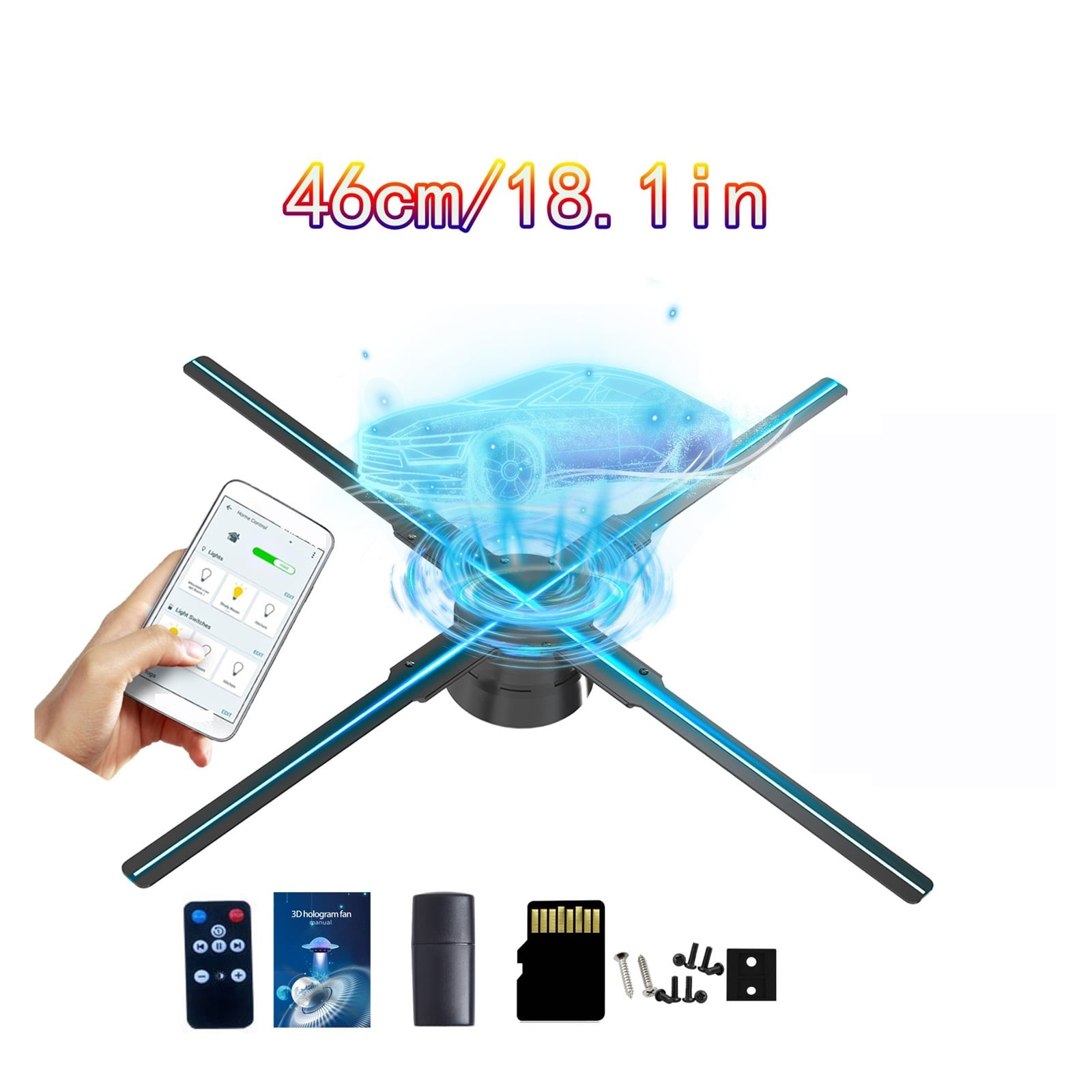 Holographic Fan, 46cm/18.1in 3D Holographic Projector Decoration Fan Screen Christmas Halloween LED Hologram Advertising Sign Light App Control ,Creating Good Attraction