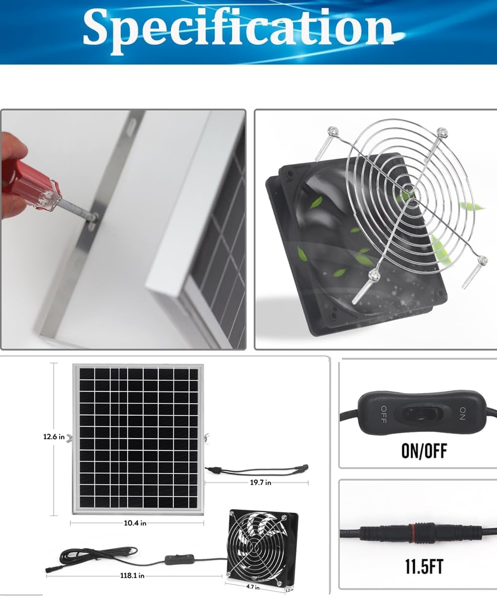 15W Solar Panel Dual Fan Kit, Waterproof Solar Exhaust Intake Fan Kit, 5 inch Brushless Fan with 11.5Ft on/off Switch Cable, Cooling Ventilation for Campervan, Greenhouse, Chicken Coop, Shed