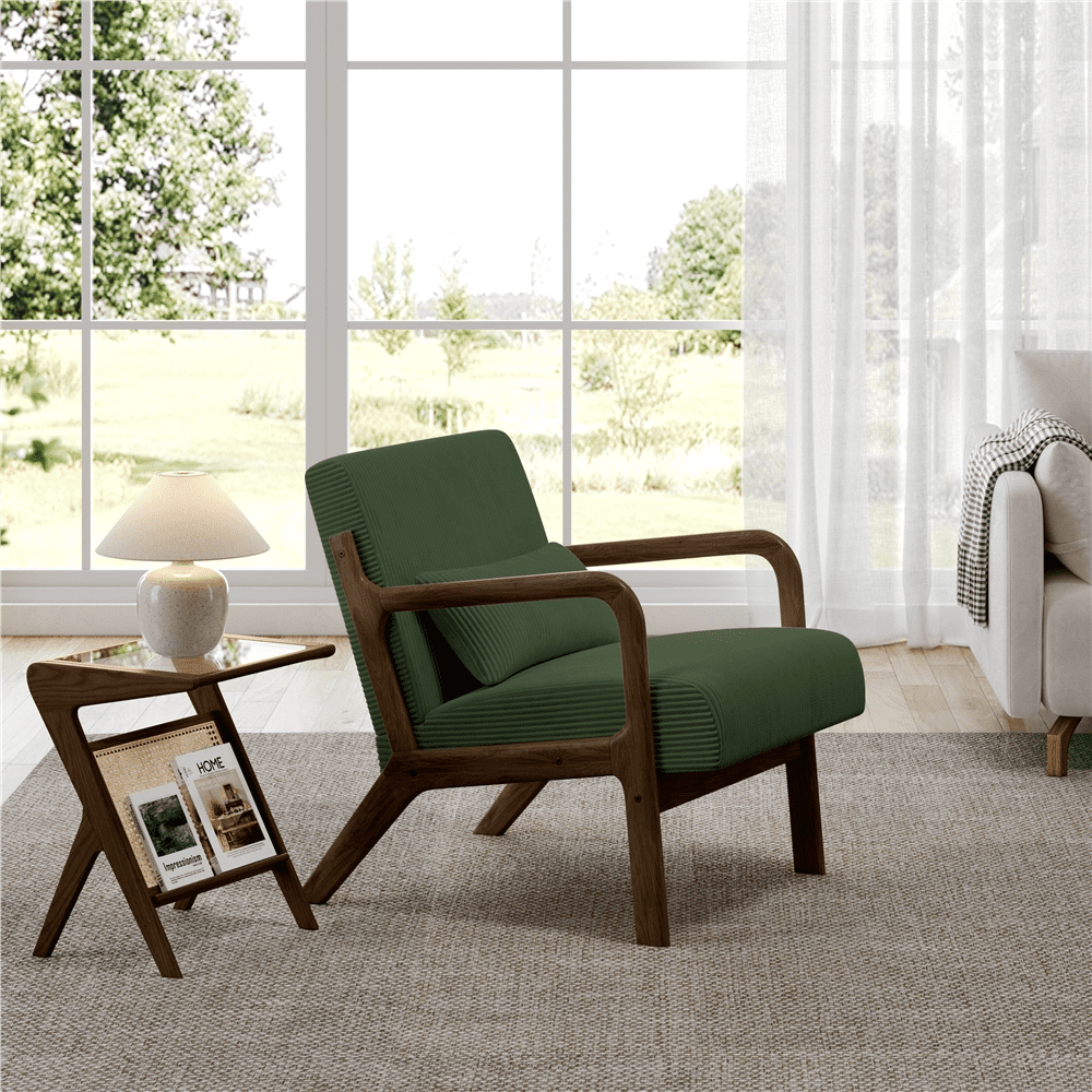 Renwick Corduroy Accent Armchair with Solid Wood Legs, Dark Green