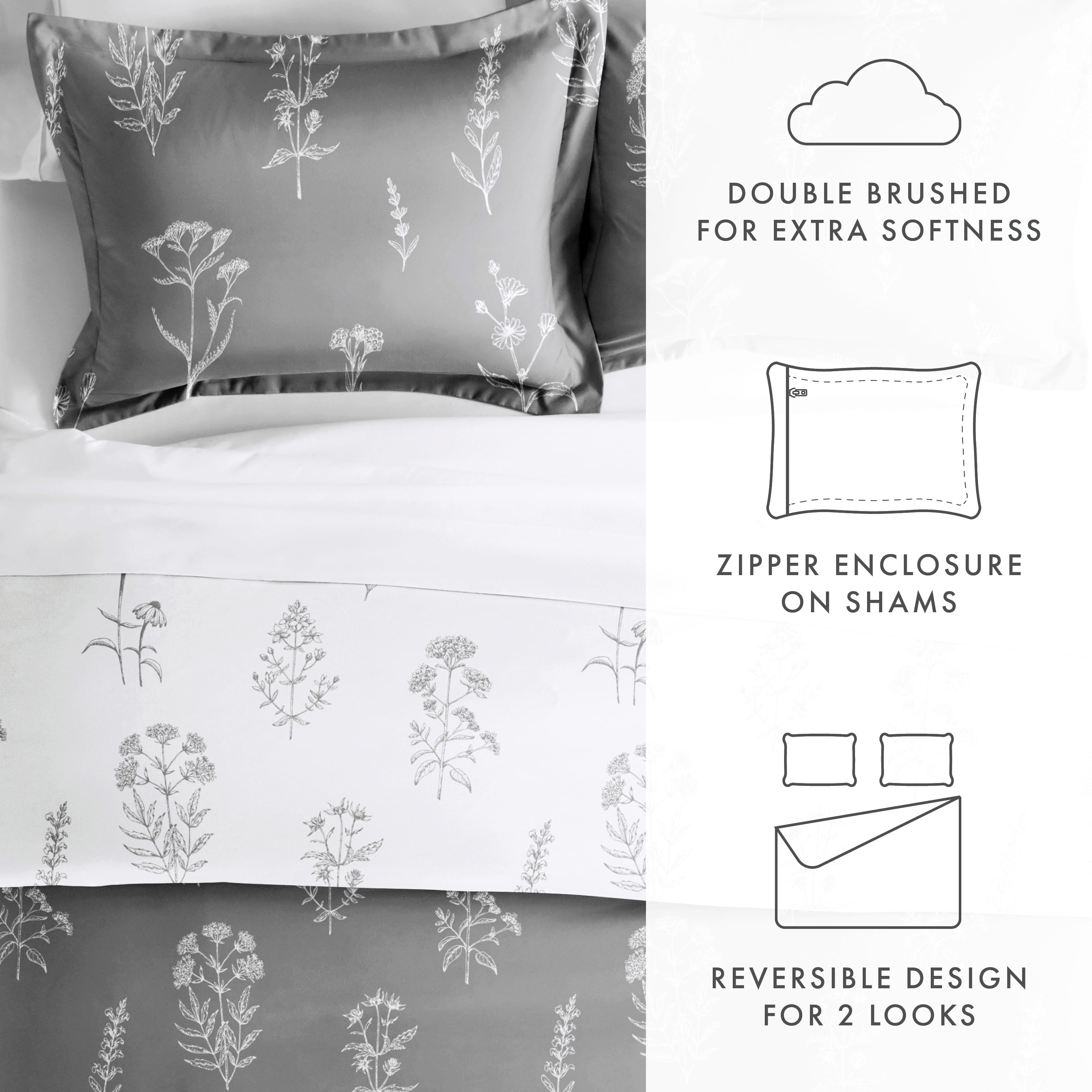 Noble Linens Light Gray Botany Floral Reversible 3-Piece Duvet Cover Set, King/Cal King
