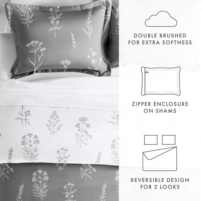 Noble Linens Light Gray Botany Floral Reversible Duvet Set - King photo 2