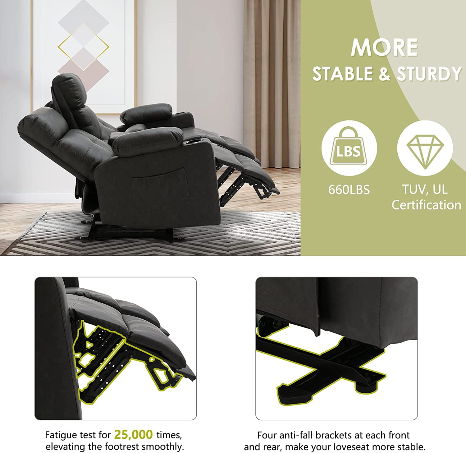 Loveseat Recliner, Power Double Recliners Loveseat, Electric Reclining Loveseat with Heat and Massage, Leather Reclining Loveseat with Console, Cup Holders, Lumbar Support for Living Room
