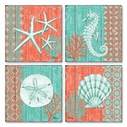 Teal and Coral Ocean Shells & Sea Life Coastal Art; 4-8x8in Unframed Paper Posters