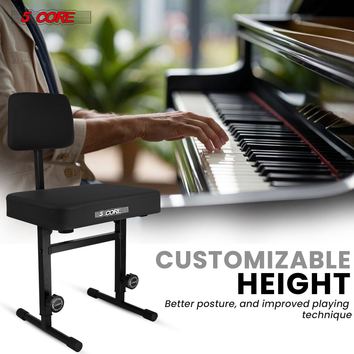 Heavy-Duty Adjustable Piano Bench with Thick Padded Seat & Backrest – 445lb Capacity, Non-Slip Base for Keyboard, Adults & Kids