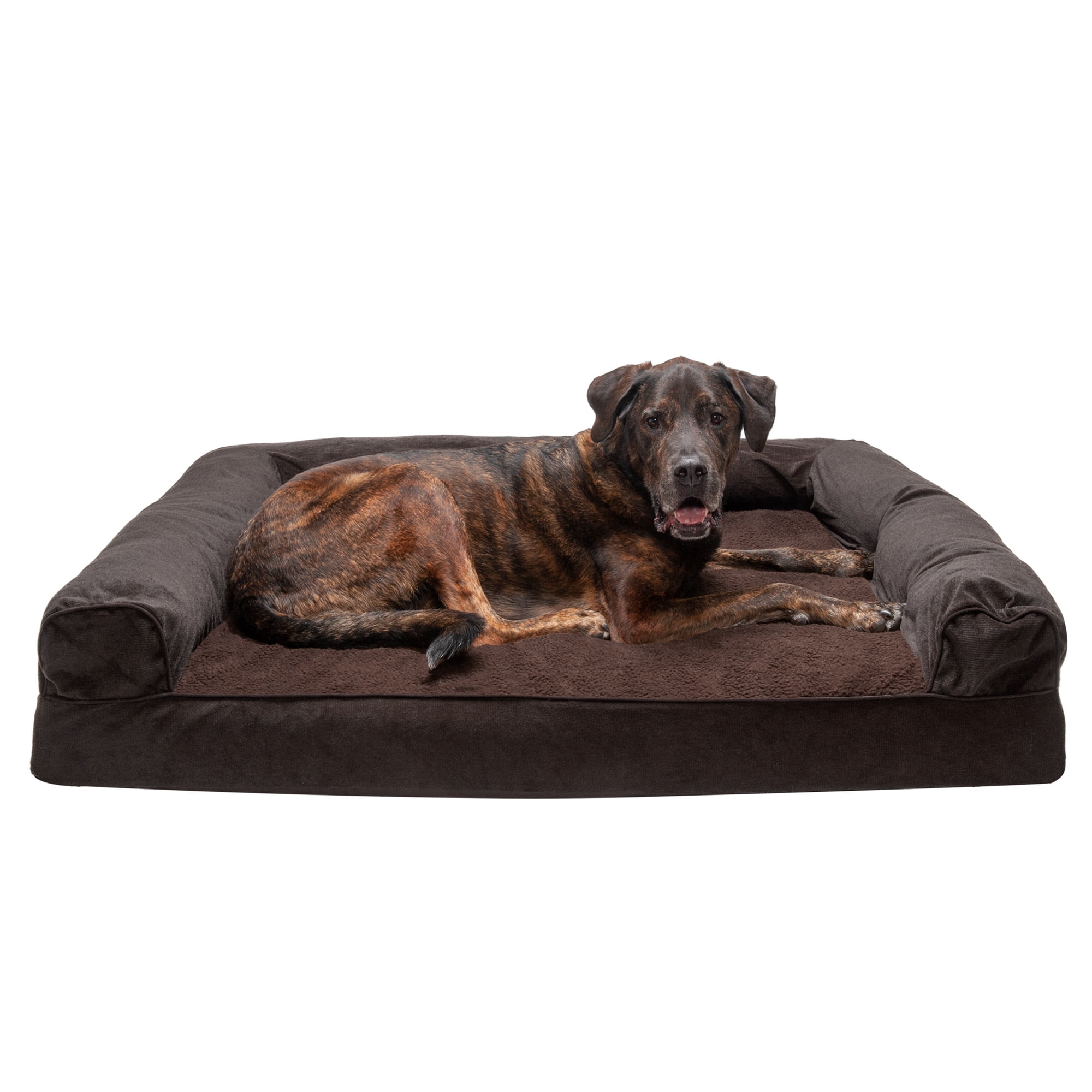 FurHaven Pet Dog Bed | Memory Foam Faux Fleece & Chenille Couch Sofa-Style Pet Bed for Dogs & Cats, Coffee, Plus