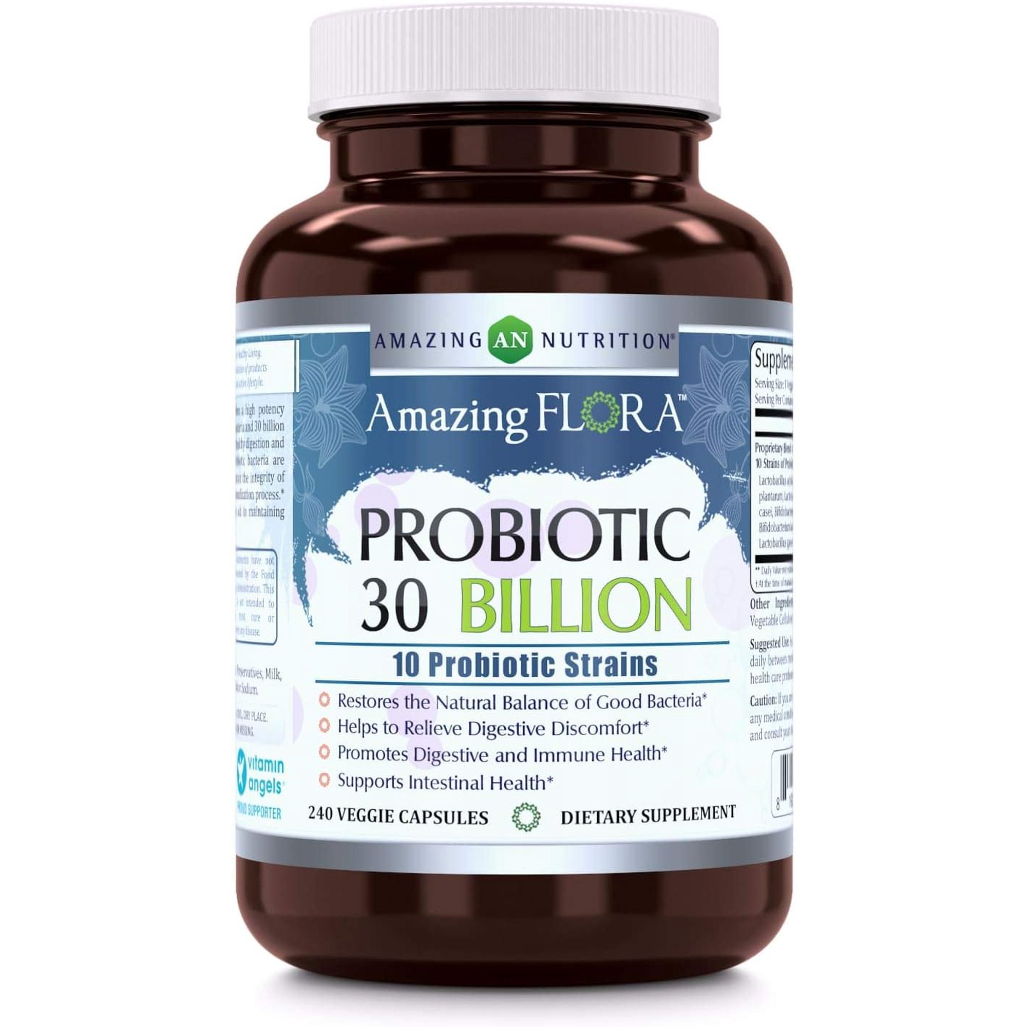 Amazing Flora Probiotic 10 Best Probiotics Strains 30 Billion 240 Veggie Capsules Supplement | Supports Better Digestive & Gut Health | Non-GMO | Gluten Free | Suitable for Vegetarians | Made in USA