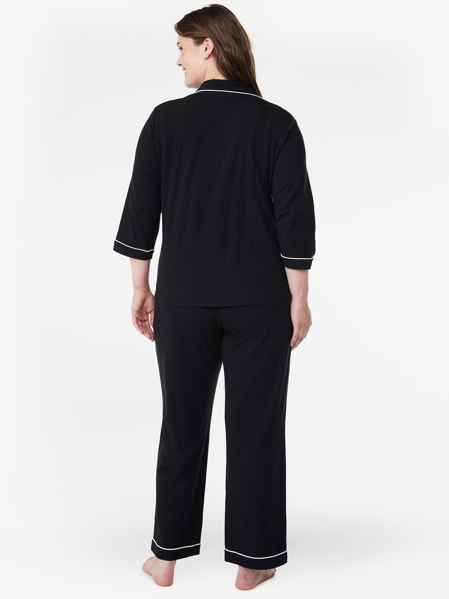 Joyspun Women’s Cotton Blend Notch Collar Top and Pants Pajama Set, 2-Piece, Sizes S-4X