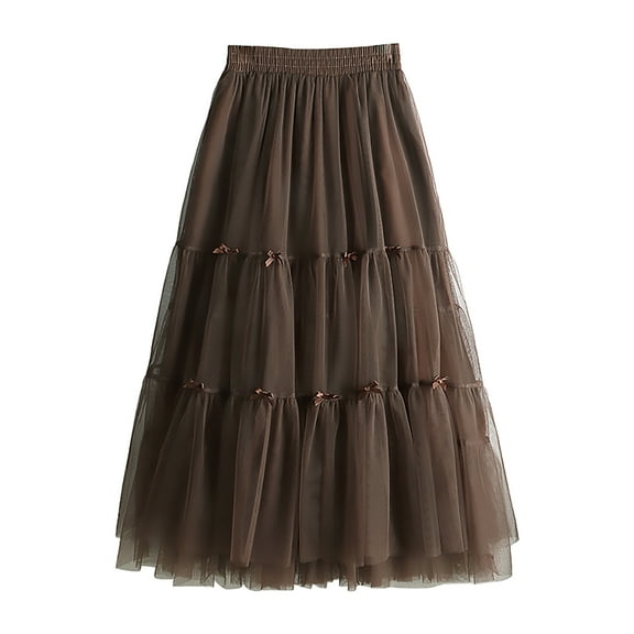 VUPSGEZ Women's Tulle Skirt Ruffle Multilayer Mesh A Line Tier Tutu Prom Wedding Long Tulle Skirts (Coffee,One Size)