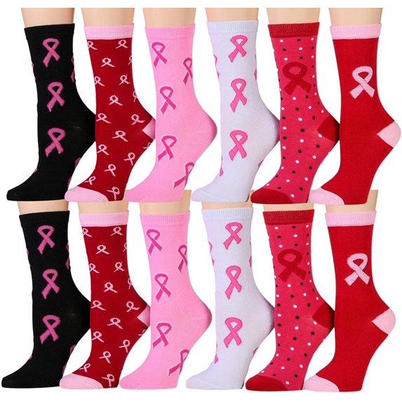 Pink Ribbon Breast Cancer Awareness Ankle/Crew Socks for Women (Assorted Crew A, 60)