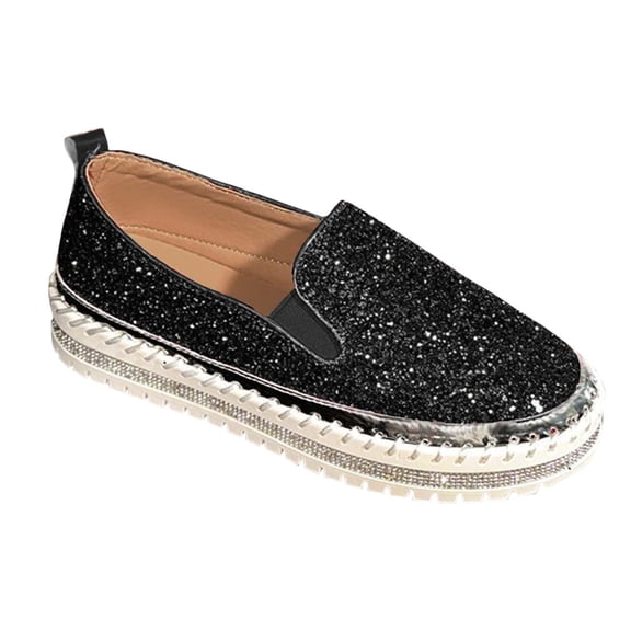Xfvqtps Womens Rhinestone Slip on Sneakers Sequin Thick Sole Casual Comfort Flatform Walking Shoes Glitter Bling Loafers Black