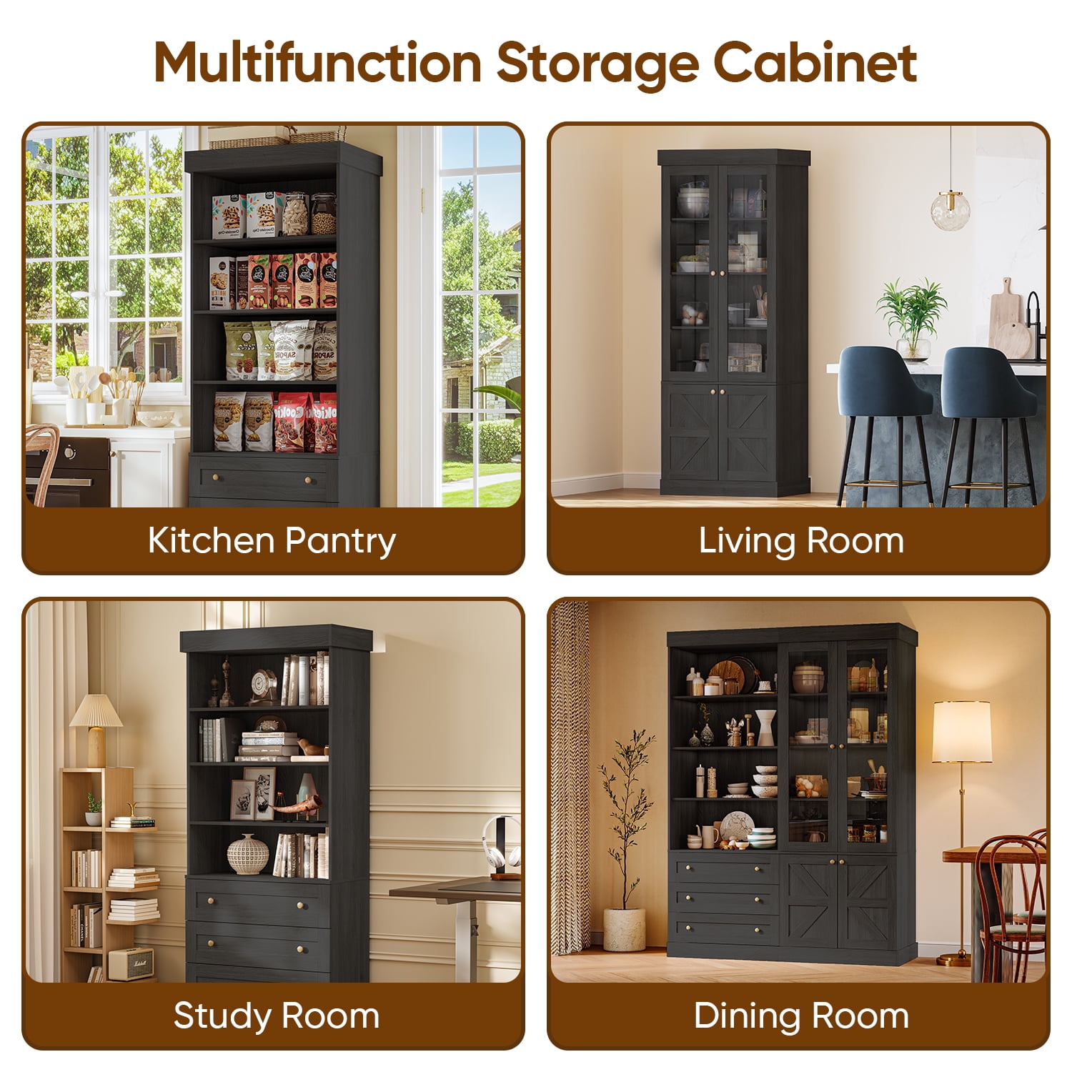 71"Tall Kitchen Pantry Storage Cabinet, Large Wood Bookcase Adjustable Shelves with 3 Drawers,Black