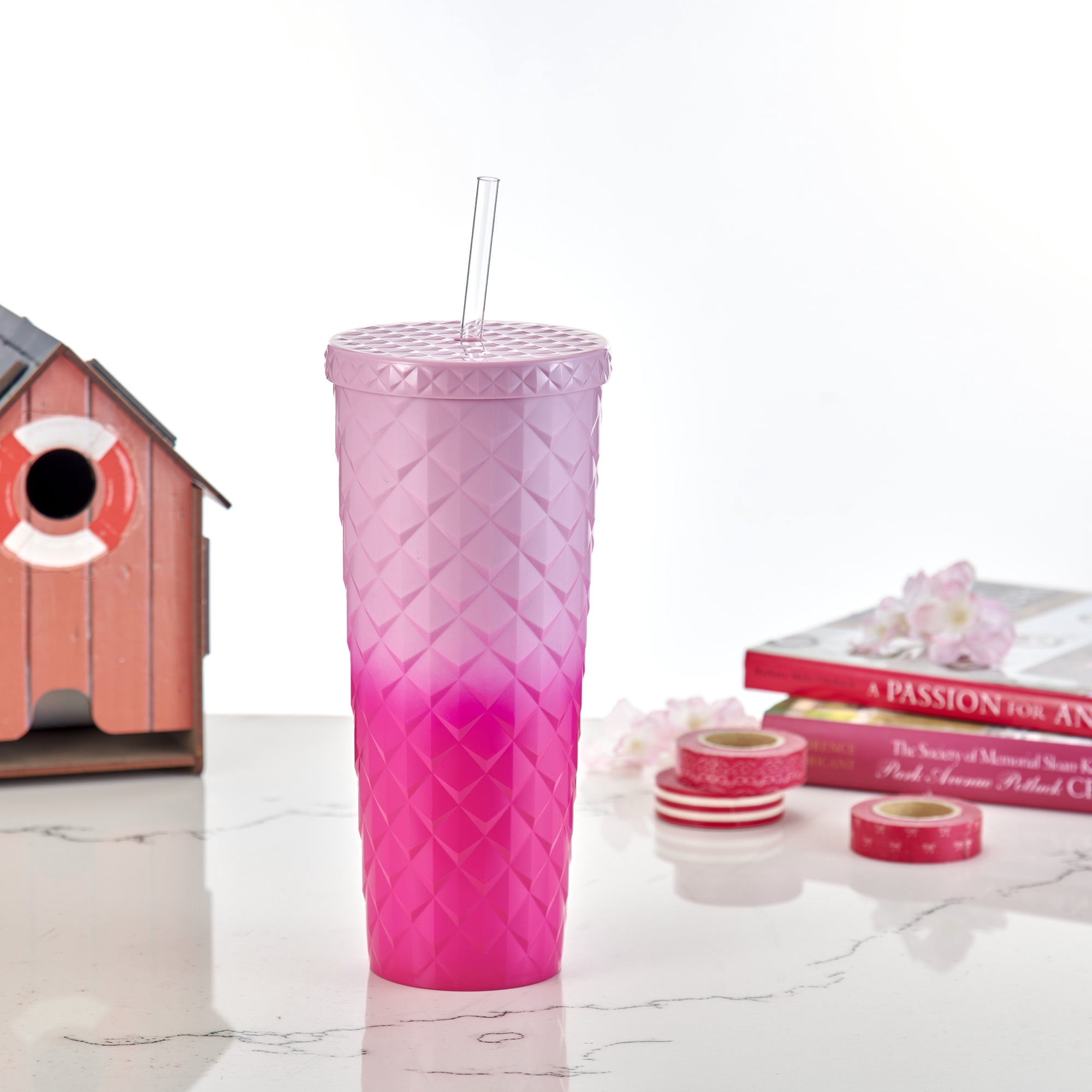 Mainstays 26oz Diamond Scale Textured Plastic Tumbler with Straw, Ombre Pink, Double Wall Insulated