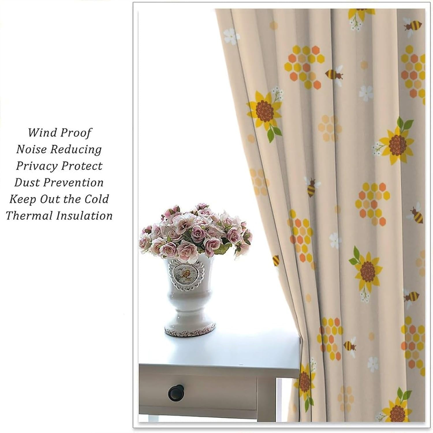 Bee Blackout Curtains Kids Bee Sunflower Honeycomb Pattern Print Living Room Curtains Boys Girls Bedroom Room Decorative Curtains 42x54 Inch