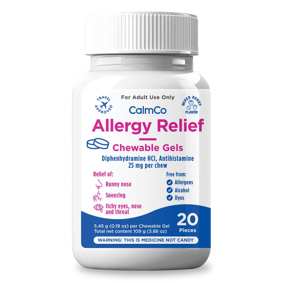 CalmCo Adult Allergy Relief Chewable Gels with Diphenhydramine - Chewable Antihistamine for Sneezing, Runny Nose & Itchy Eyes, Nighttime Allergy Medicine for Ages 12+, Mixed Berry Flavor, 20 Count