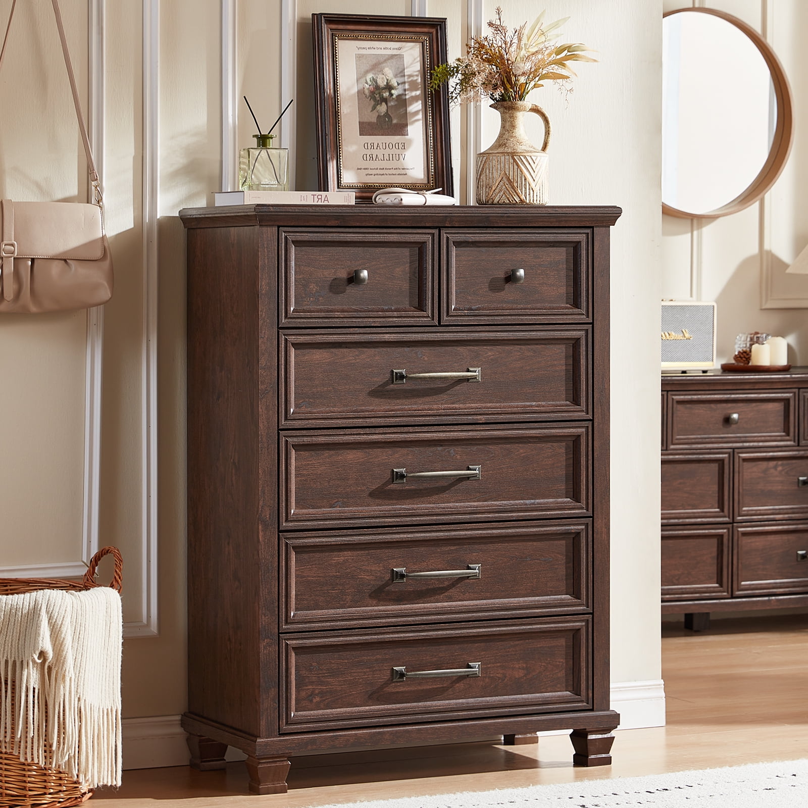 Vertical Dresser for Bedroom, LELELINKY 6 Drawer Dresser with Metal Handle, Chest of Drawers for Living Room, Walnut