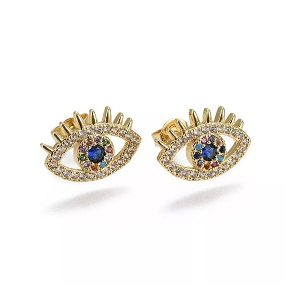 Cubic Zircon Stud Earrings Evil Eye Gold Colorful 14.4X10X2.4Mm 0.7Mm P161