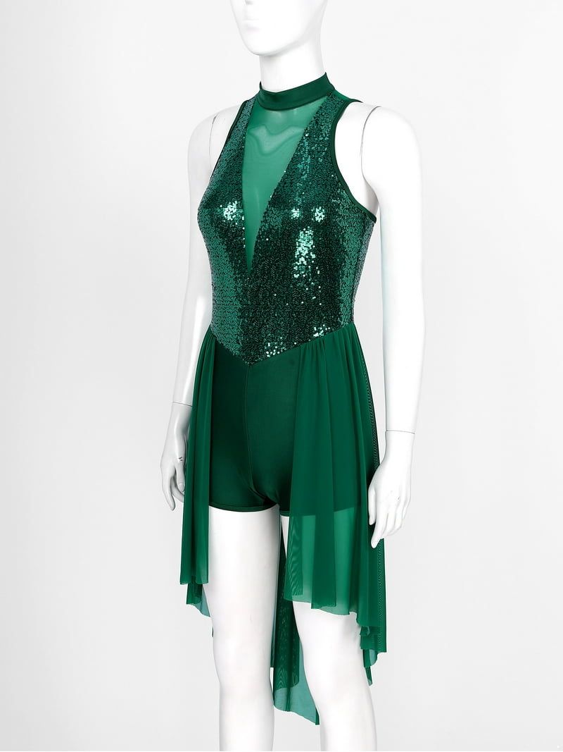 MSemis Women Sequins Lyrical Dance Dress Halter Neck Mesh Contemporary  Dance Costume Black L