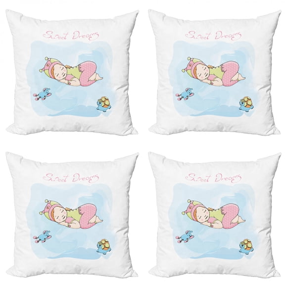 Saying Throw Pillow Cushion Case Pack of 4, Girl Sleeping with Her Toys Teddy Tortoise and Elephant Cartoon Illustration, Modern Accent Double-Sided Print, 4 Sizes, Multicolor, by Ambesonne
