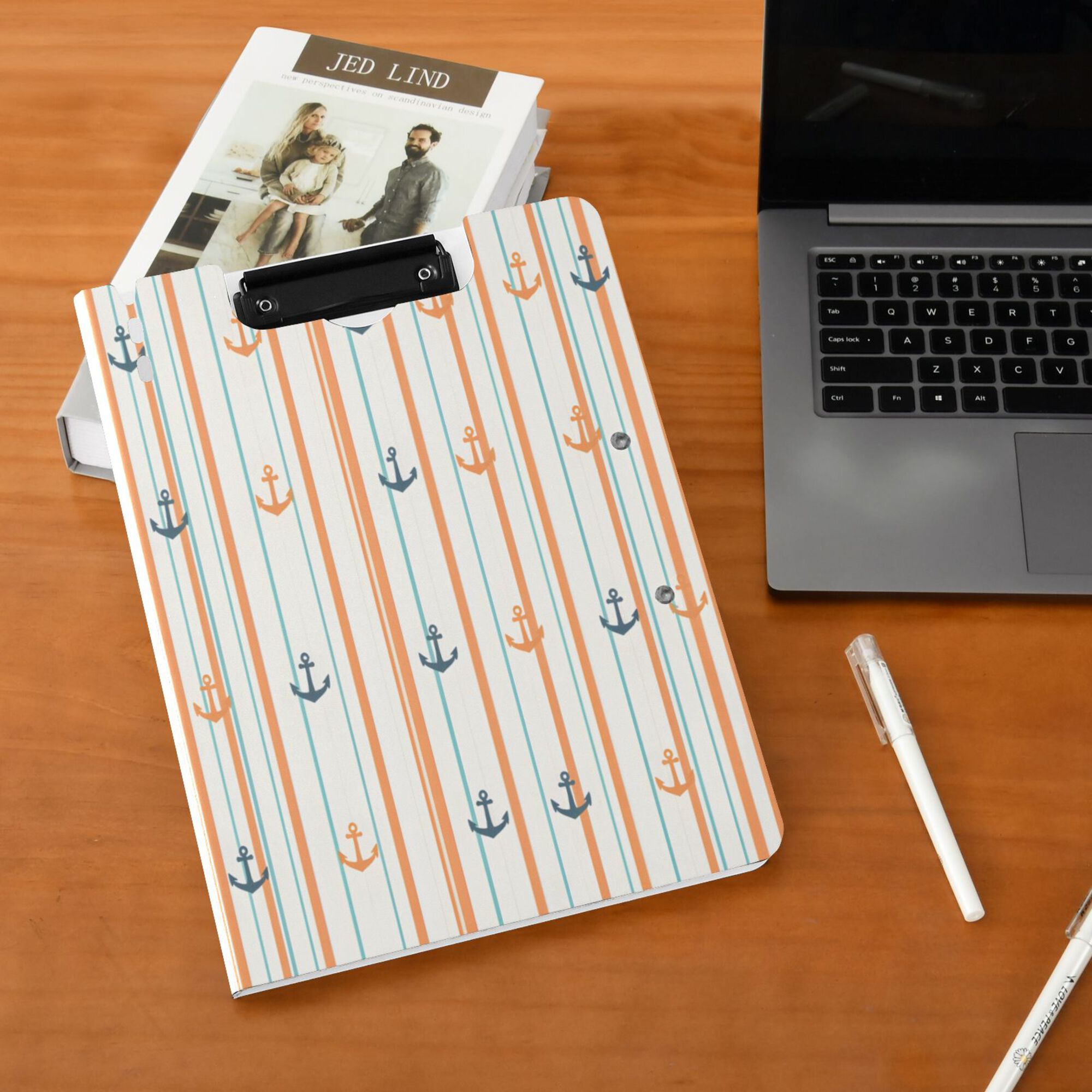FORMRS A4 Clipboard Folder with Pen Holder Horizontal Foldable School Office Binder, Beige Nautical Pattern