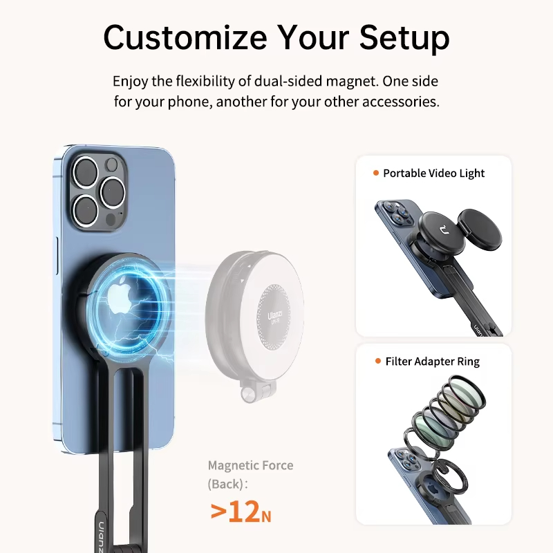 ULANZI MA30 Magnetic Phone Tripod Stand - Carabiner-Mounted, Dual-Sided Maglock Aluminum Handle Compatible with iPhone 17/16/15/14/13/12 Series (Including Pro/Pro Max)