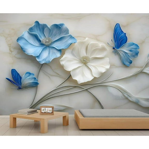 Relief White Flowers Mural Wallpaper, Blue Butterfly Wall Mural, Marble 3D Murals, Modern Light Luxury Marble Texture Large Wallpaper For Living Room Bedroom 98.4"W x 68.9"H (Not Peel and Stick)