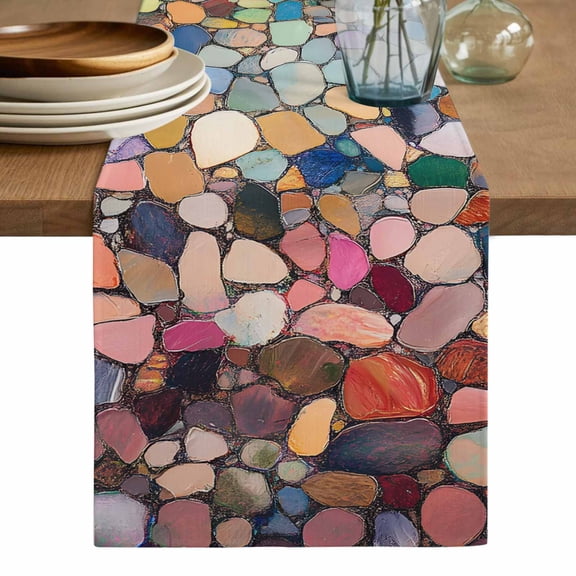 Colorful Stone Table Runner, Rainbow Abstract Oil Painting Brushwork Washable Cotton Linen Table Runners 90 Inches Long, Dresser Scarf Runner for Dining/Coffee/Kitchen/Hallway Tables 13''x90''