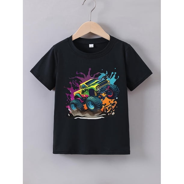 Boys' Summer Short Sleeve T-Shirt with Vibrant Monster Truck Print – Navy Blue Casual Round Neck Tee, Lightweight Polyester Blend for Youngsters