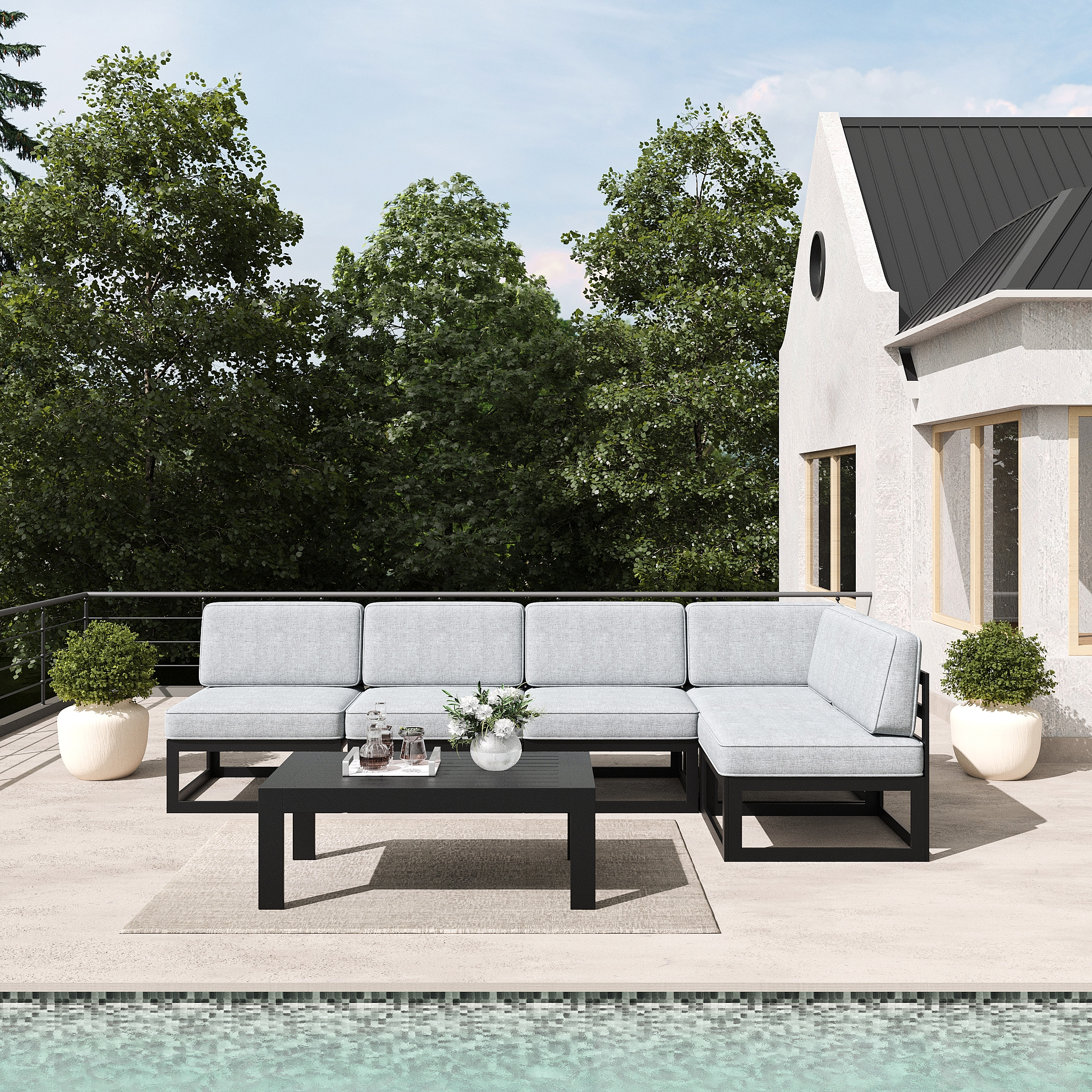 LayinSun Large Aluminum Patio Furniture Set, 6 Pieces Modern Outdoor Conversation Set Sectional Metal Sofa Set with Olefin Cushion