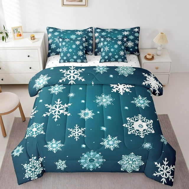 YST, 7 Pieces, Boys Navy Blue Bedding, Winter Snow, 7-Piece, Snowflake, Comforter Set, Full Size