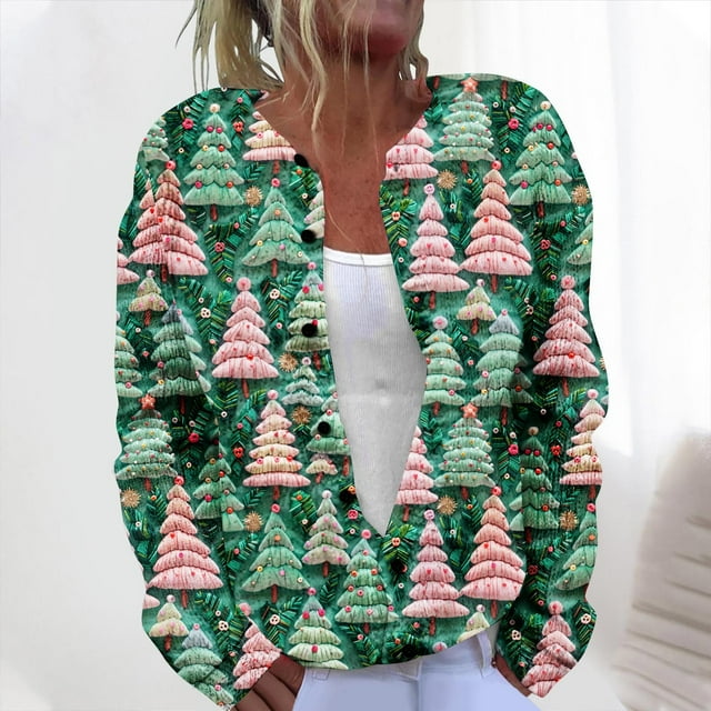 Cárdigan informal de punto con estampado navideño para mujer, chaqueta con botones y abrigo para mujer