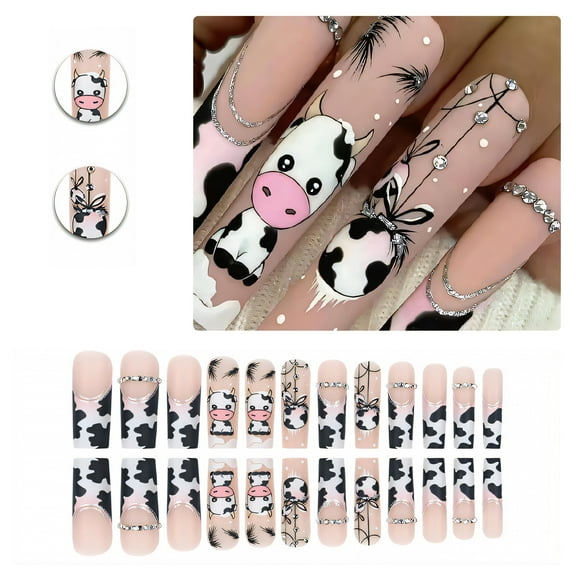 RAGUPEL 24Pcs Glue on Nails for Women,Diamond Square Nail Tips,Cow Pattern Stick on Nails,Press on Nails Long for Photography,Red Carpet and Stage,Style1