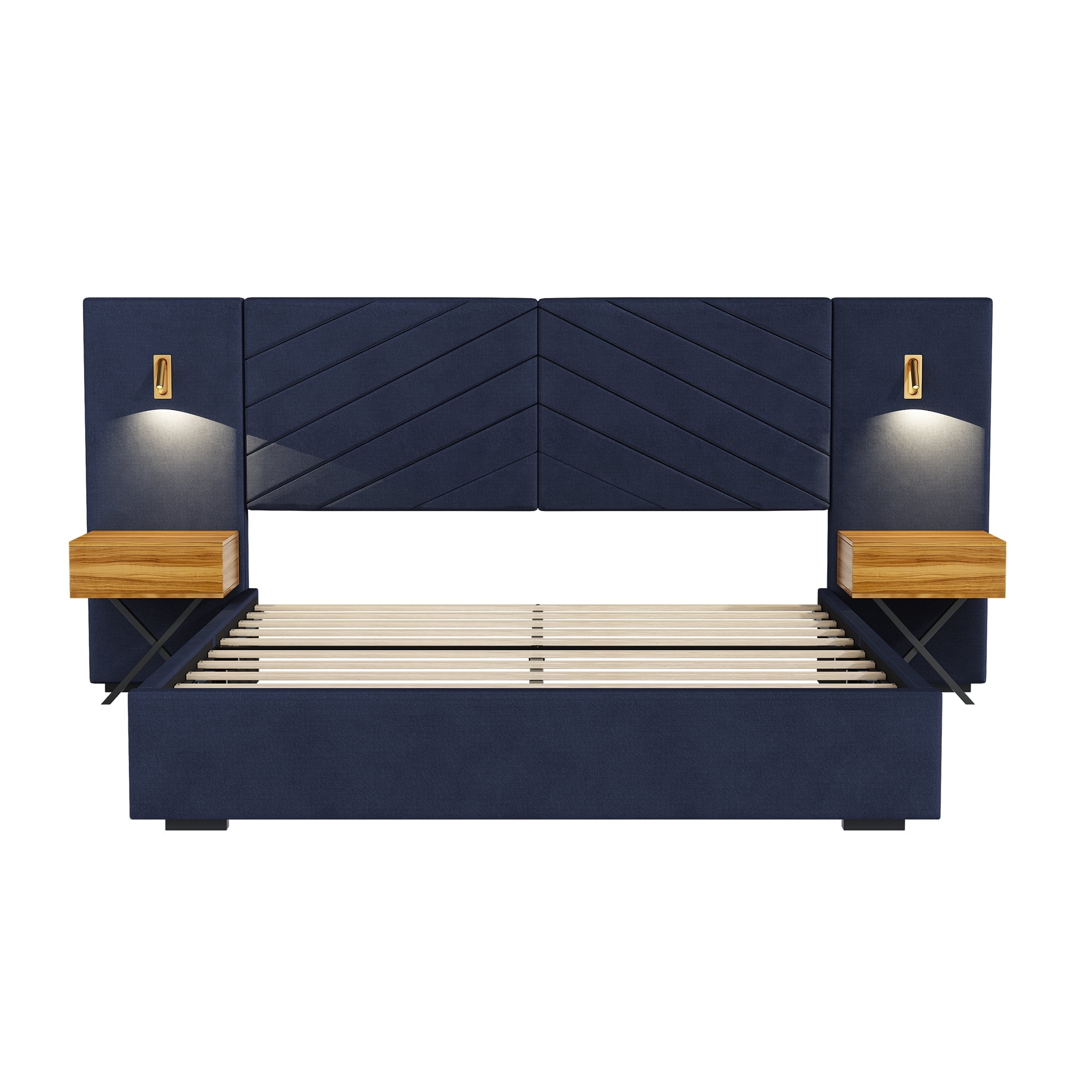 Aukfa Queen Size Upholstered Bed Frame with Nightstands and LED Lights, Platform Bed with Oversize Wingback Headboard, Blue