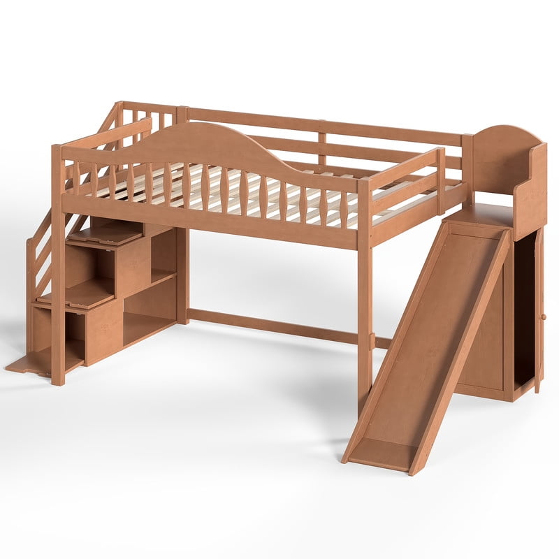 Full Size Kids/Teens Loft Bed with Storage Staircase, Slide & Wardrobe, Princess Bed Frame with Curved Guardrail