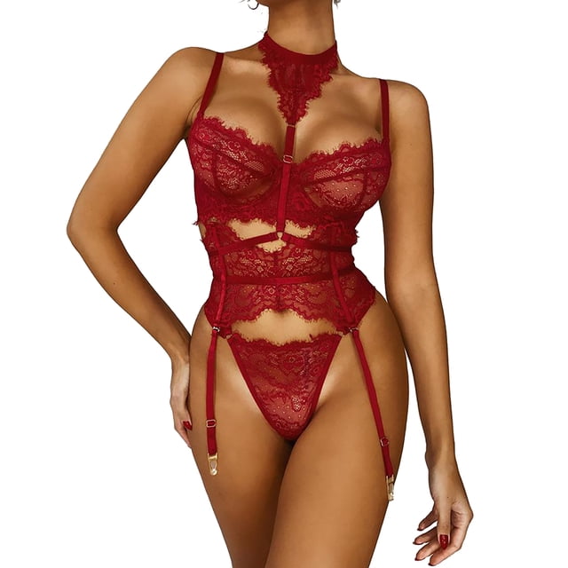 Conjuntos De Lencería De Encaje, Encantador Cuello En V Push Up Slim Ligueros Conjuntos De Lencería Transpirable Para Mujer Para El Hogar ANGGREK Otros