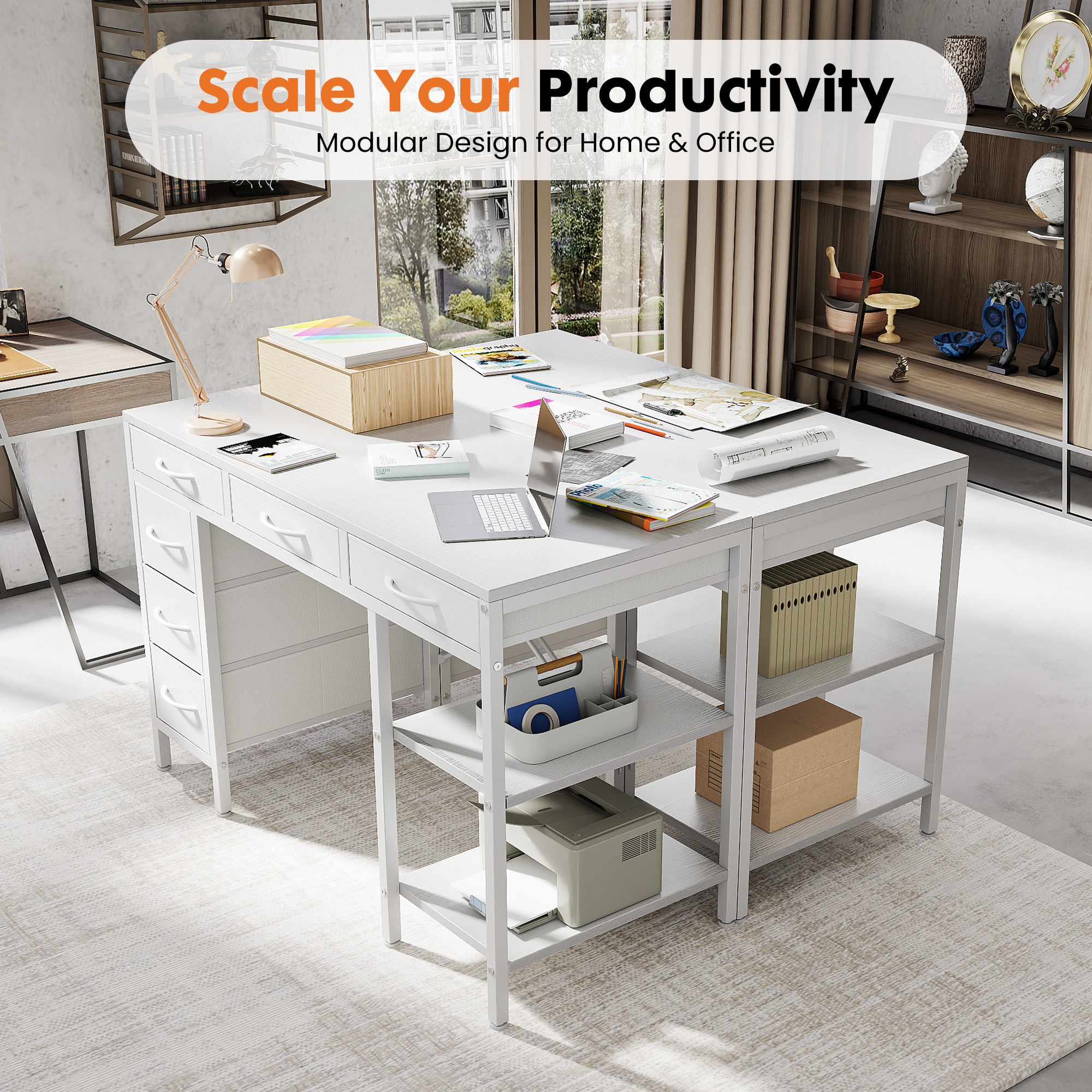 MCQ 47 Inch Computer Desk include 6 Drawers with 2 Empty Shelves, White
