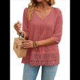 thumbnail image 2 of Camiseta de Verano con Cuello en V, 3/4, Estilo Retro, y con Bordado de Patchwork de Encaje Vintage para Mujer. Rosa XXL, 2 of 10