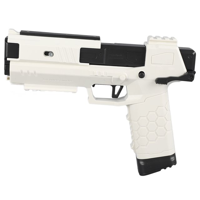 juguete de expulsión, simulación de diversión sin fin, juguete de expulsión de concha blanca para niños para jardín Pistola lanzadora blanca y negra, vista lateral 3/4, cuerpo de plástico blanco con empuñadura texturizada en panal, corredera superior negra y gatillo visibles; tamaño aprox. 24 x 17 x 4 cm. A menudo usado para juegos de rol y lanzamiento de pelotas blandas incluidas.