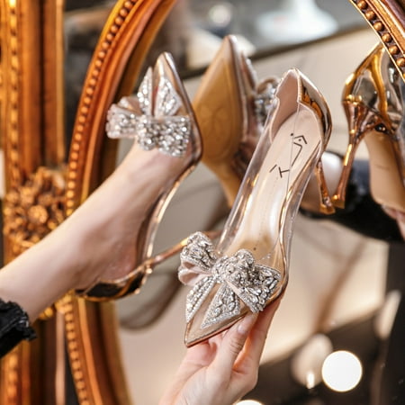

Autumn New Pointed Crystal Fairy Ladies Wind Sandals Rhinestone Butterfly-knot Transparent High Heel Women Sandals Fashion Shoes Champagne 8cm 36