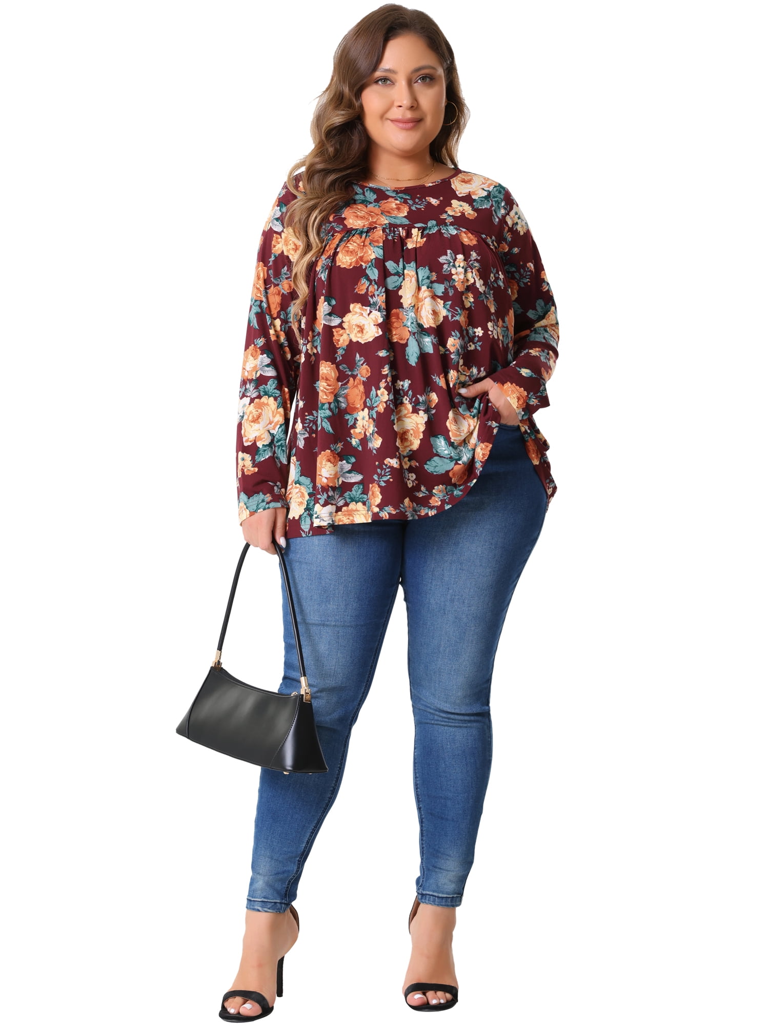 DARING DIVA Women's Plus Size Floral Long Sleeve Pleated Crew Neck Blouse 1X Burgundy