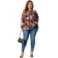 thumbnail image 3 of DARING DIVA Women's Plus Size Floral Long Sleeve Pleated Crew Neck Blouse 2X Burgundy, 3 of 6