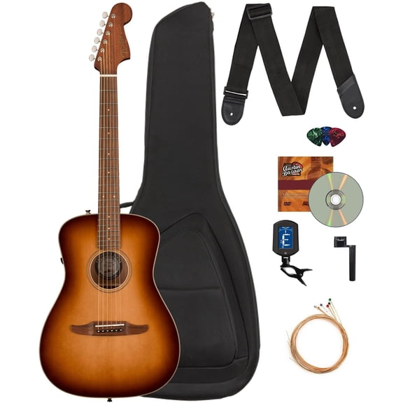 Fender Malibu Classic Acoustic Electric Guitar Bundle with Gig Bag, Strap, Clip-on Tuner, Strings, String Winder, Picks, and Austin Bazaar Instructional DVD - Aged Cognac Burst